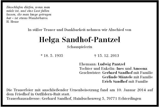 Sandhof Helga 1935-2013 Todesanzeige